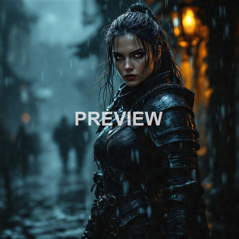 A woman with wet hair and intense expression wearing black armor stands in the rain at night, with a blurred background featuring street lamps and shadowy figures.